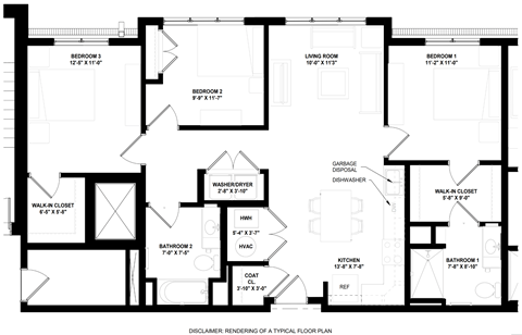 Floor plan for 3 beds, 2 baths, 1459 sqft